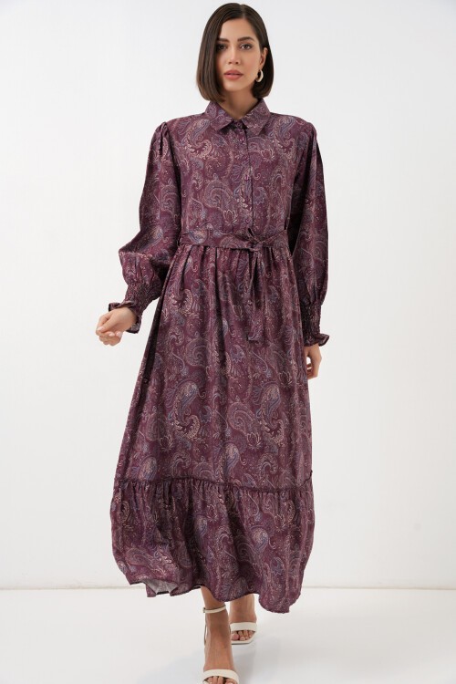 Kadın Kuşaklı Tesettür Elbise 2589 - Bordo