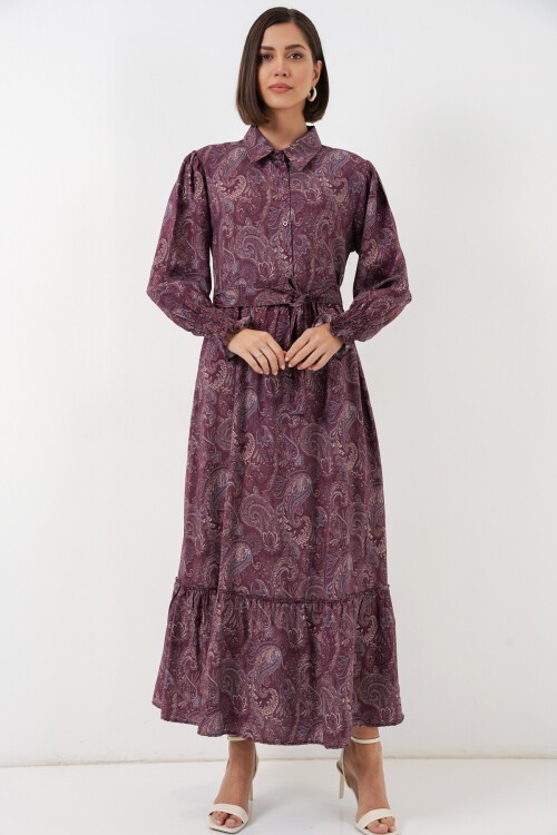 Kadın Kuşaklı Tesettür Elbise 2589 - Bordo