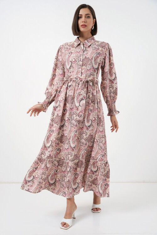 Kadın Kuşaklı Tesettür Elbise 2589 - Pembe