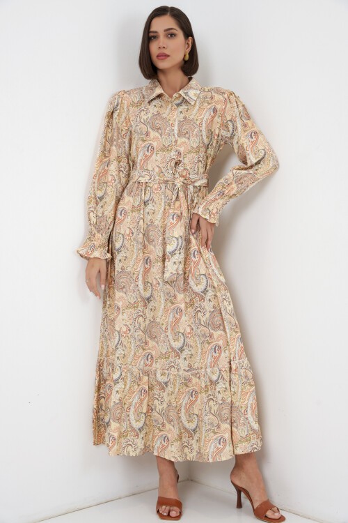 Kadın Kuşaklı Tesettür Elbise 2589 - Sarı