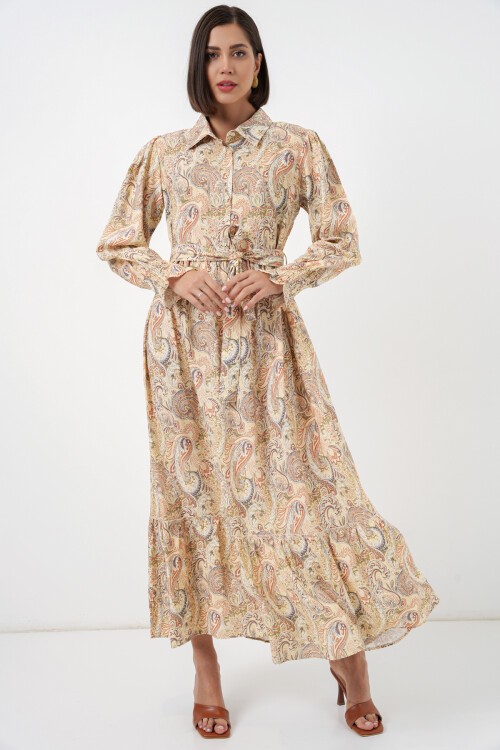 Kadın Kuşaklı Tesettür Elbise 2589 - Sarı