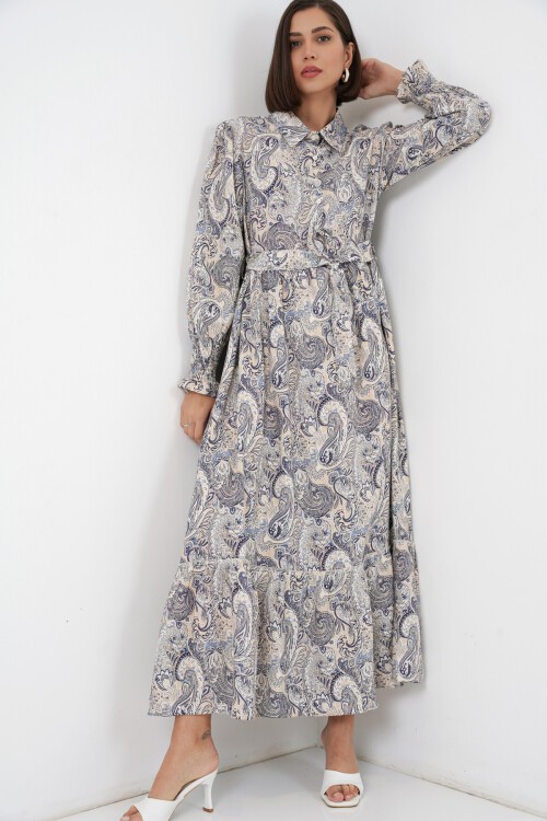 Kadın Kuşaklı Tesettür Elbise 2589 - Taş