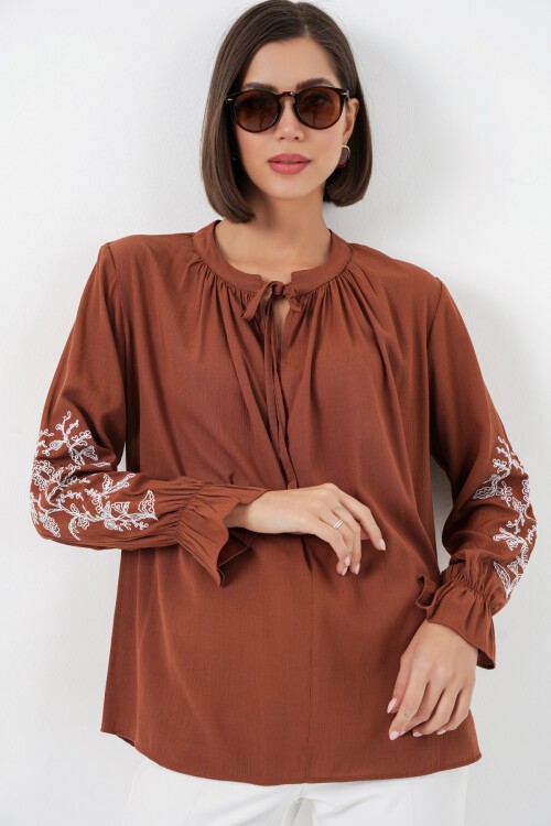 Kadın Nakışlı Örme Bluz 941 - Kiremit
