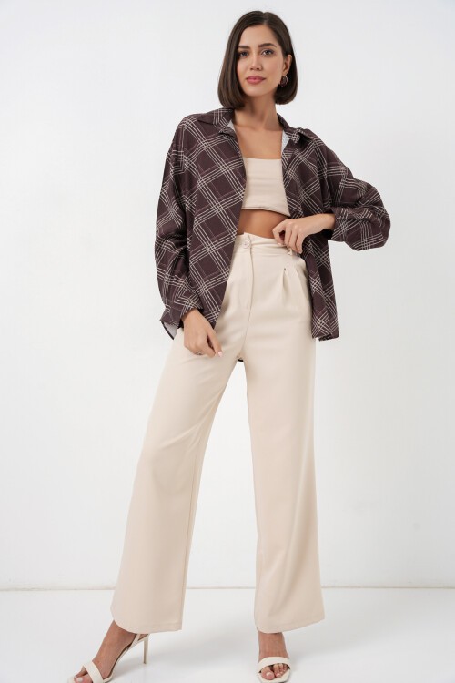 Kadın Oversize Desenli Gömlek 20372 - Kahverengi