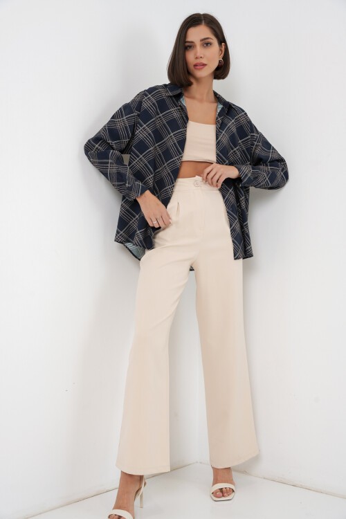 Kadın Oversize Desenli Gömlek 20372 - Lacivert