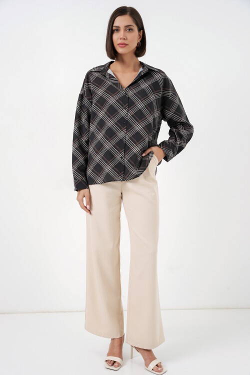 Kadın Oversize Desenli Gömlek 20372 - Siyah