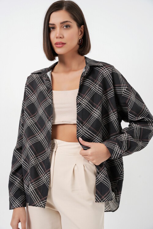 Kadın Oversize Desenli Gömlek 20372 - Siyah