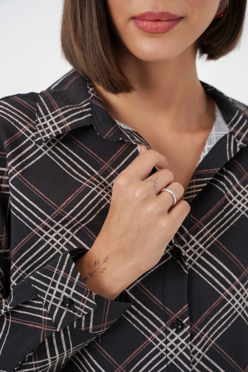 Kadın Oversize Desenli Gömlek 20372 - Siyah