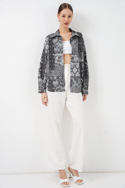 Kadın Oversize Desenli Saten Gömlek 20365 - Antrasit