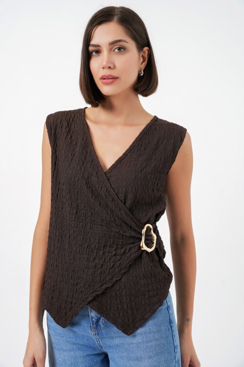 Kadın Sıfır Kol Örme Bluz 988 - Kahverengi