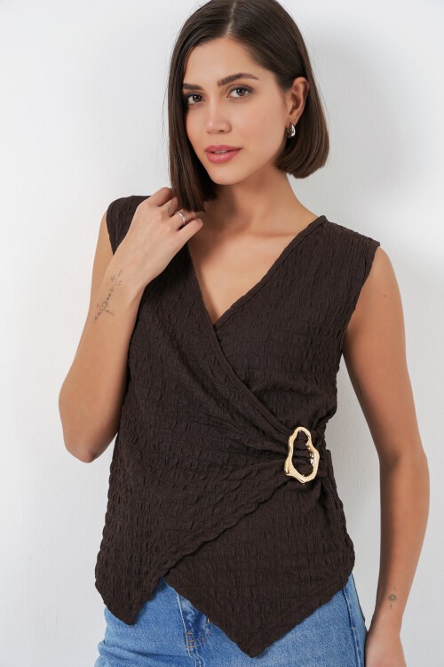 Kadın Sıfır Kol Örme Bluz 988 - Kahverengi