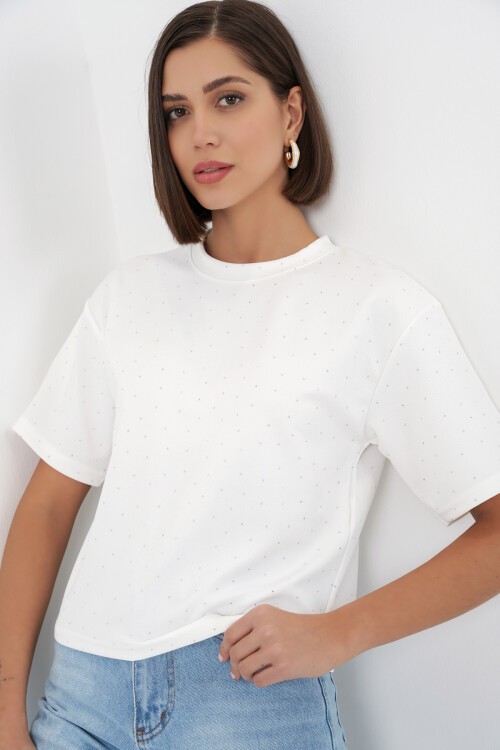 Kadın Taş Detaylı Tişört 990 - Beyaz