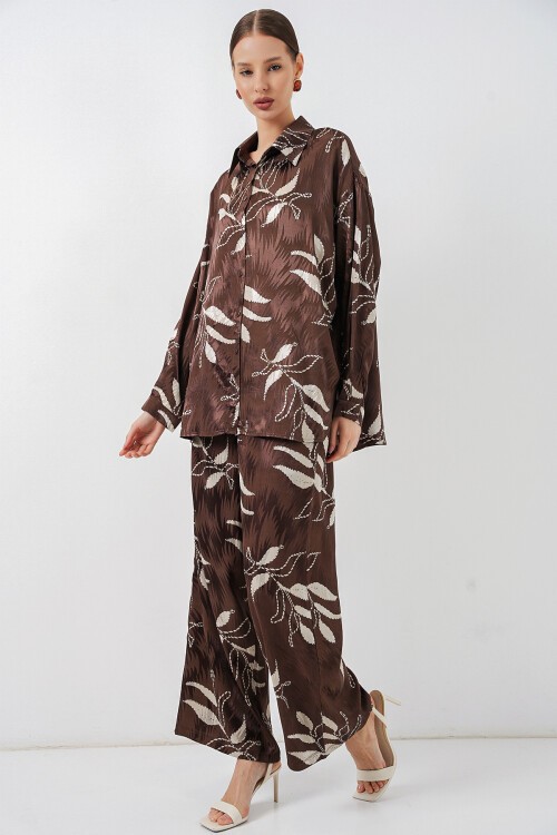 Kadın Uzun Jakalı Alt Üst İkili Takım 30089 - Kahverengi