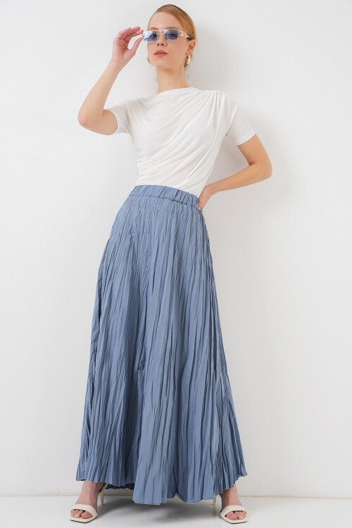 Kadın Uzun Kırışık Etek 8042 - İndigo