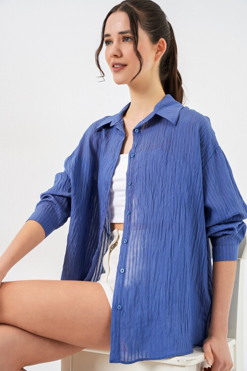 Kadın Uzun Oversize Gömlek 20320 - İndigo