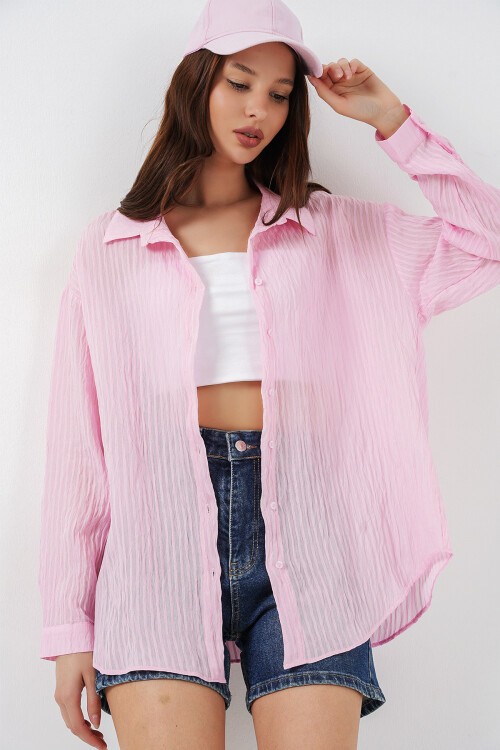 Kadın Uzun Oversize Gömlek 20320 - Pudra