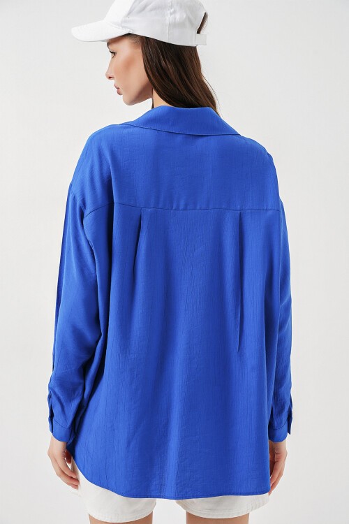 Kadın Uzun Oversize Gömlek 20334 - Saks