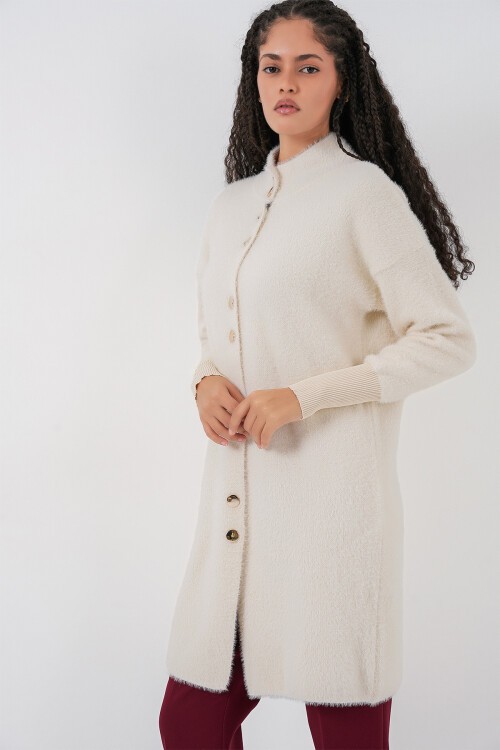 Kadın Yumuşak Dokulu Uzun Triko Hırka 15953 - Ekru