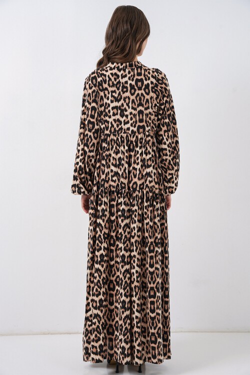 Merterium 2423 Otantik Desenli Tesettür Elbise - E. Kahve