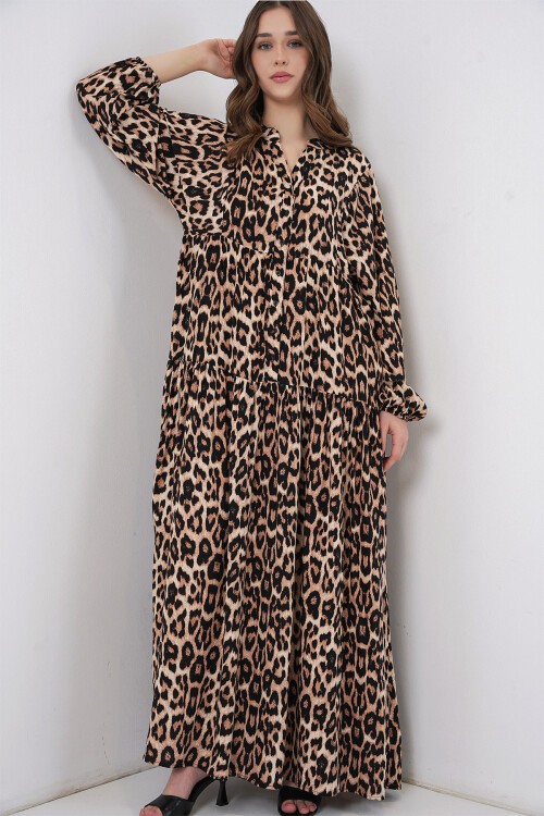 Merterium 2423 Otantik Desenli Tesettür Elbise - E. Kahve