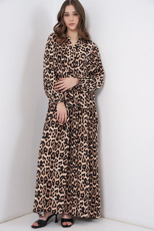 Merterium 2423 Otantik Desenli Tesettür Elbise - E. Kahve