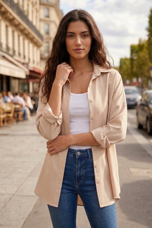 Oversize Basic Krem Gömlek