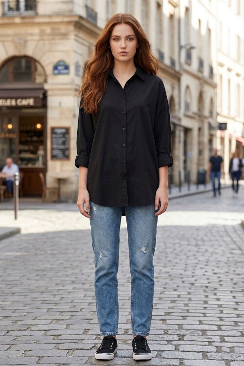 Oversize Basic Siyah Gömlek 