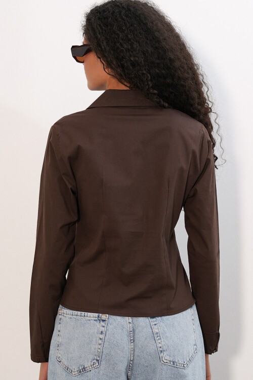 20231 Slim Fit Poplin Gömlek - Kahverengi