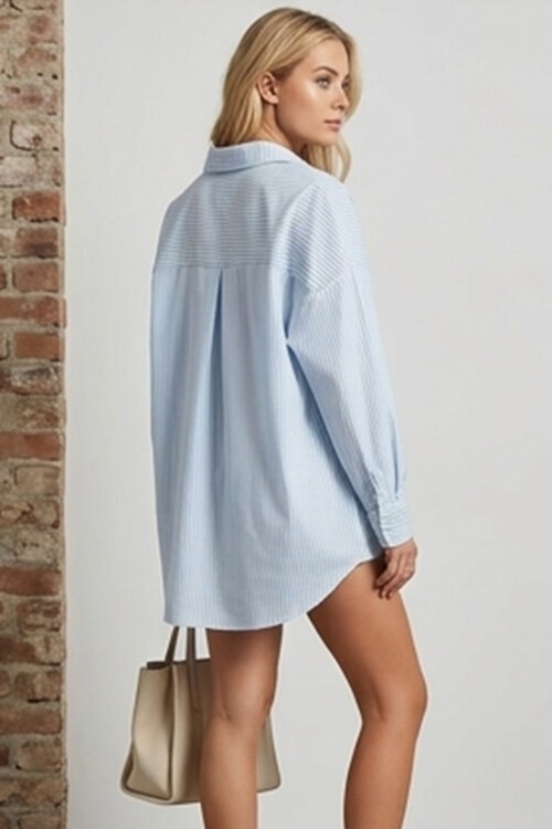 Kadın Bebe Mavi Siyah Çizgili Oversize Uzun Basic Gömlek 3900