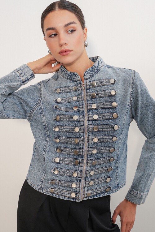 Kadın Dar Kesim Düğmeli Denim Ceket 0764 - Mavi