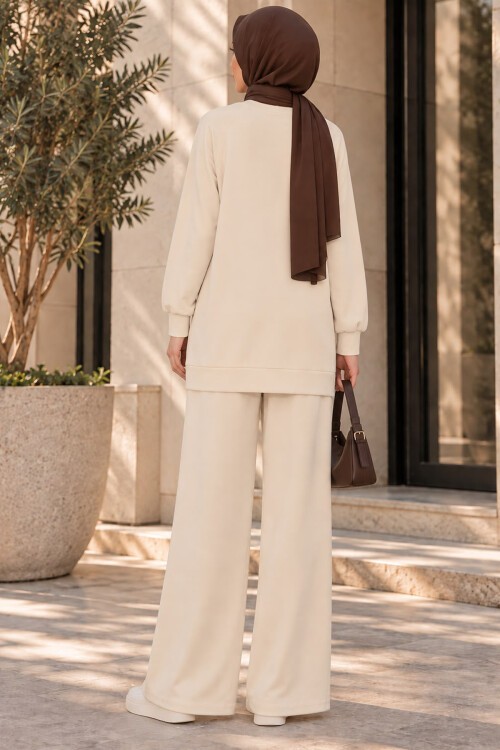 Kadın Desenli Oversize Tunik Pantolon İkili Takım 55462 - Krem