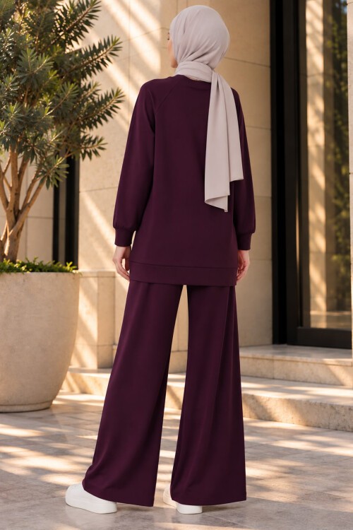 Kadın Desenli Oversize Tunik Pantolon İkili Takım 55462 - Mor