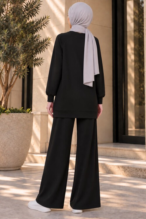 Kadın Desenli Oversize Tunik Pantolon İkili Takım 55462 - Siyah
