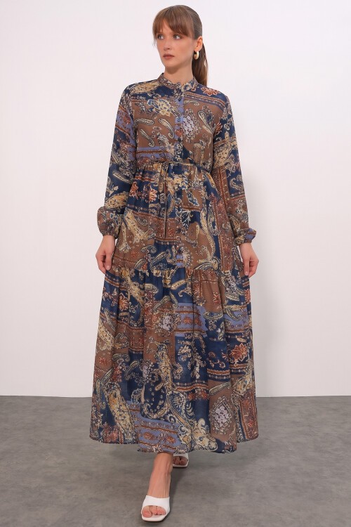 Kadın Desenli Uzun Tesettür Elbise 2586 - Saks