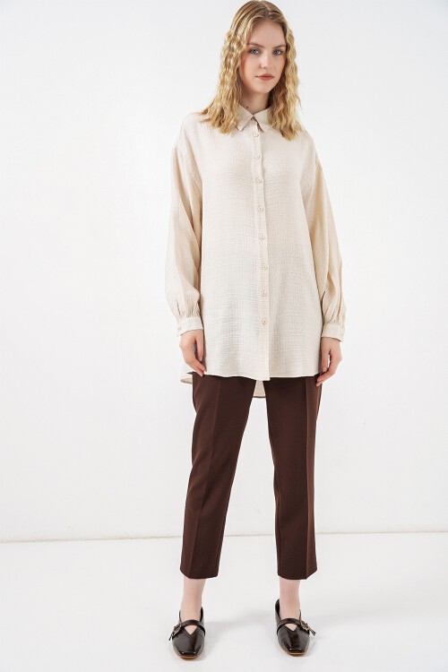 Kadın Dokulu Oversize Tunik 5989 - Krem