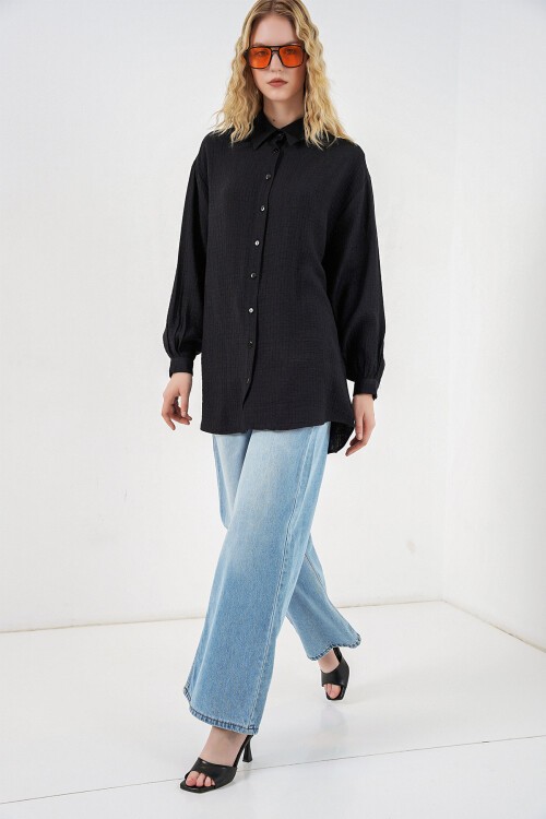 Kadın Dokulu Oversize Tunik 5989 - Siyah