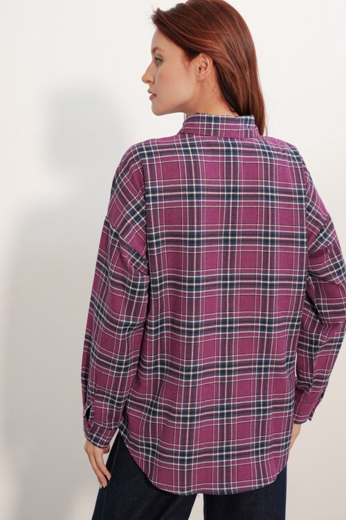 Kadın Ekose Desen Oversize Oduncu Gömlek 3854 Mor
