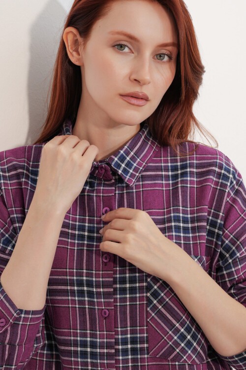 Kadın Ekose Desen Oversize Oduncu Gömlek 3854 Mor