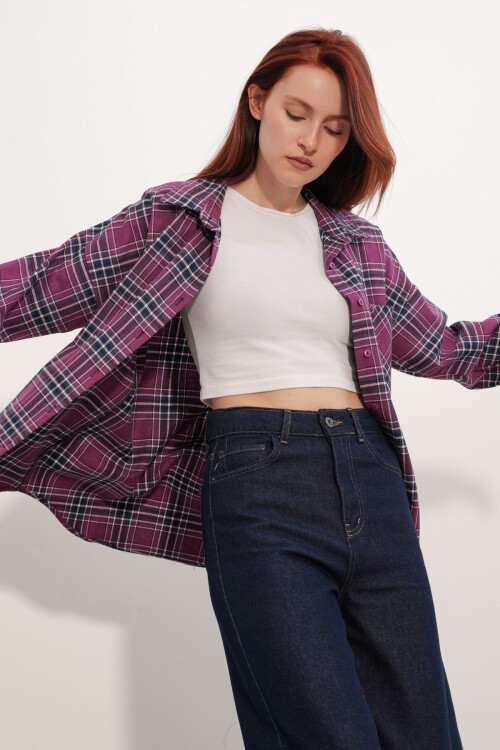 Kadın Ekose Desen Oversize Oduncu Gömlek 3854 Mor