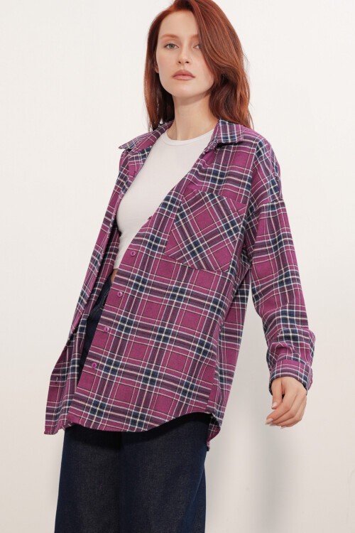 Kadın Ekose Desen Oversize Oduncu Gömlek 3854 Mor