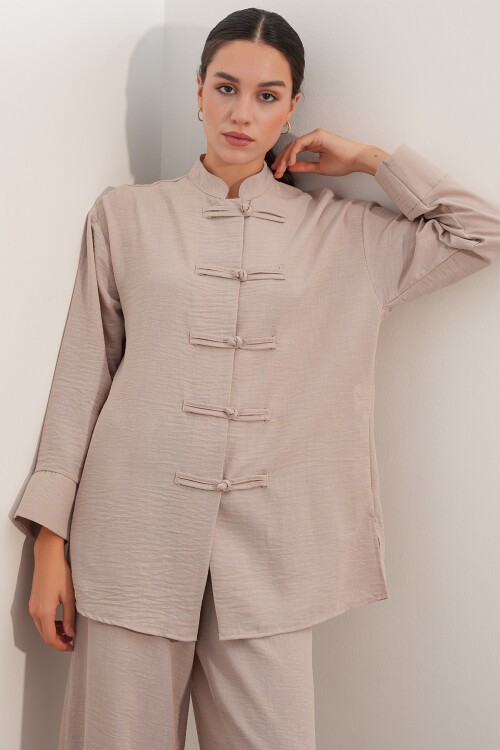 Kadın Oversize Gömlek Pantolon Keten İkili Takım 30126 - Bej