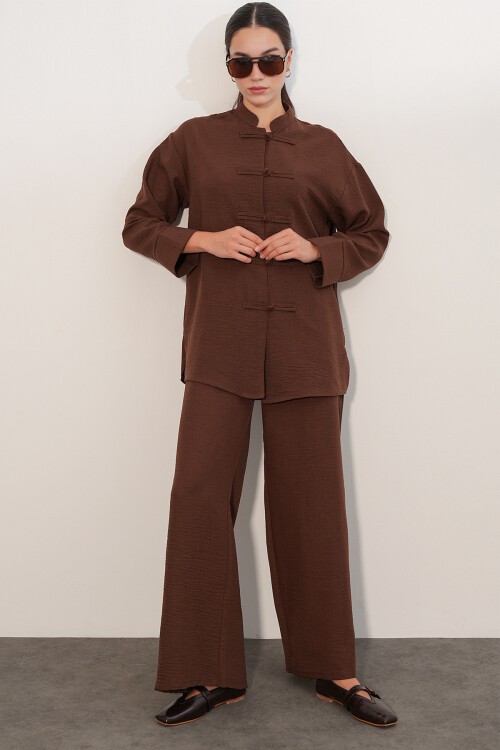 Kadın Oversize Gömlek Pantolon Keten İkili Takım 30126 - Kahverengi