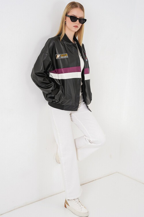 Merterium 0698 Baskılı Suni Deri Bomber Ceket - Bordo