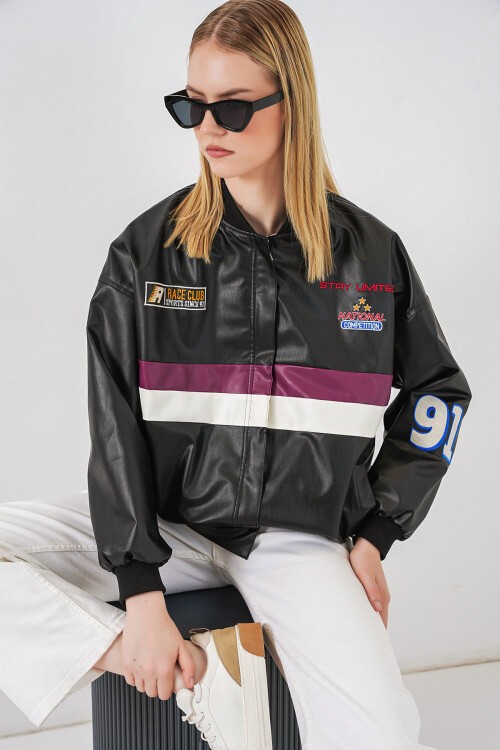 Merterium 0698 Baskılı Suni Deri Bomber Ceket - Bordo