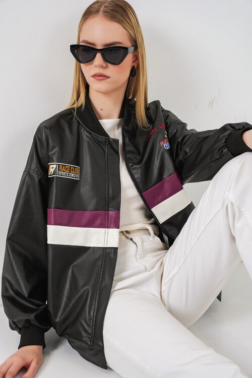 Merterium 0698 Baskılı Suni Deri Bomber Ceket - Bordo