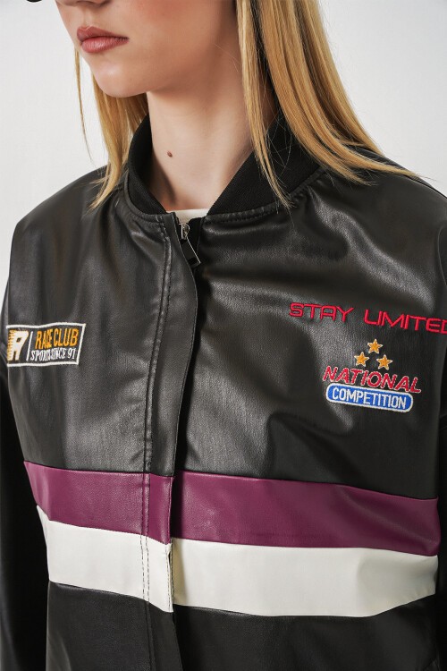 Merterium 0698 Baskılı Suni Deri Bomber Ceket - Bordo