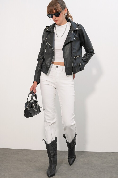 Merterium 1025 Suni Deri Biker Ceket - Siyah