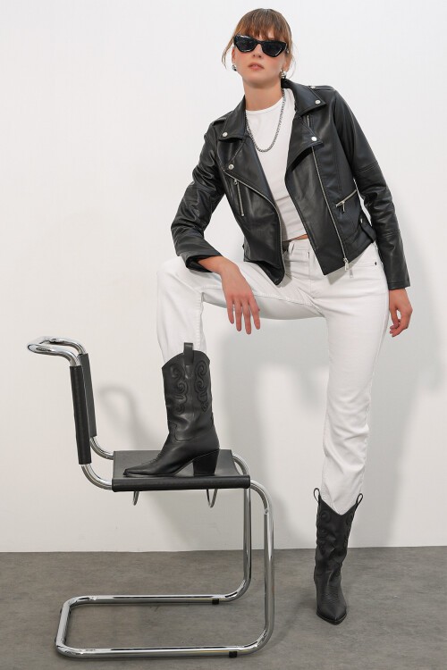 Merterium 1025 Suni Deri Biker Ceket - Siyah