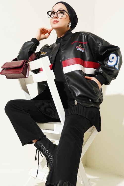 T0698 Baskılı Suni Deri Bomber Ceket - Siyah