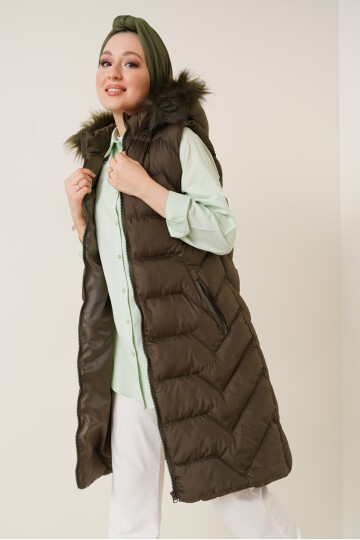 Merterium T10233 Kapüşonlu Uzun Tesettür Yelek - Haki